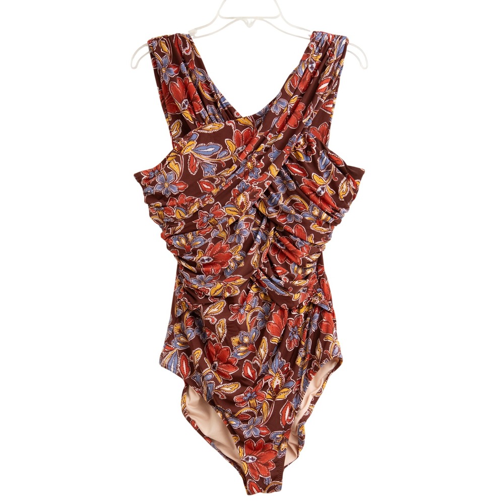 Garnet Hill One Piece Swimsuit Sz 16 Boutique Brown Paisley Floral Ruched Boho